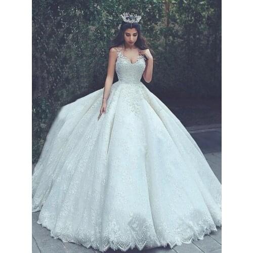 Muslim Bride Ball Gown Wedding Dresses Lace Veil 2020 Princess Girl Spaghetti Straps V Neck Sexy Bridal Wedding Gowns For Women