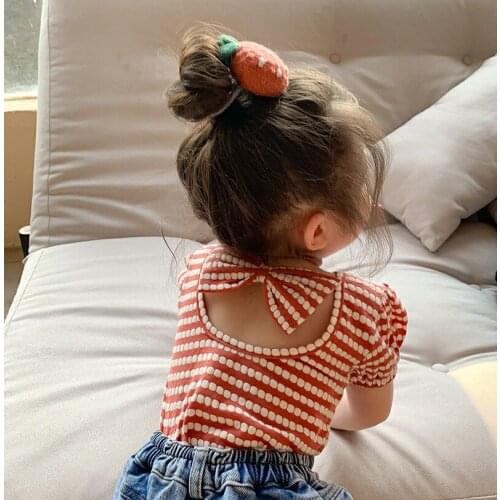 2021 Summer New Korean Style Baby Girls Striped T-shirts Bowknot Backless Puff Sleeve Tops Toddlers Kids Tees