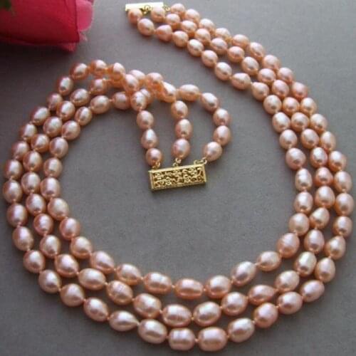 NEW Freshwater pearl 3Strad Natural 8x10MM Pink Pearl Necklace AA