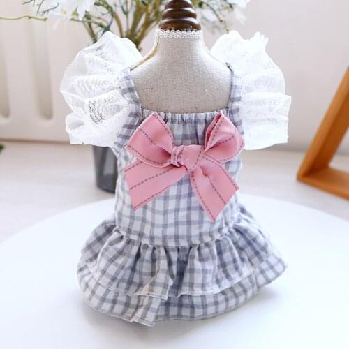 Dog Cat Clothes Spring Summer Dog Dresses Lace Sleeve Pure And Fresh Plaid Pet Cat Skirts For Dogs Webbing Bowknot Pet Clothing