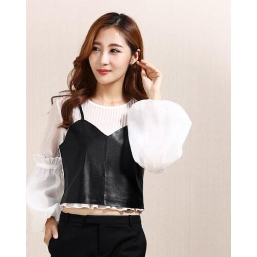 Korean Women 2020 Summer New Sexy Cropped Genuine Leather Jacket Retro Punk Suspenders Vest Coat Female Straps Casual Waistcoat