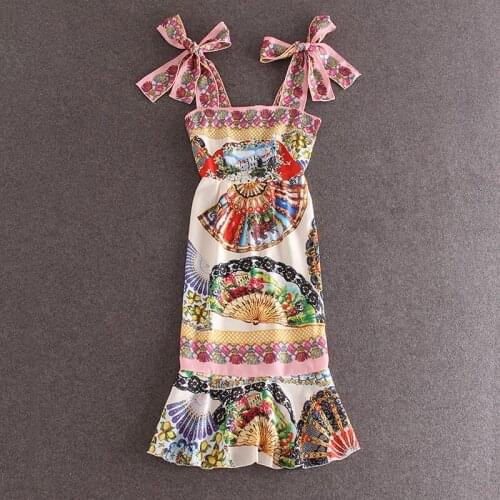 Fan pattern print dress Bow Slash neck Mid-Calf Trumpet / Mermaid Streetwear Summer New fashion design dress womens clothing