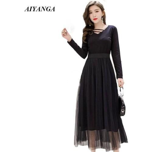 2019 Spring Summer Dress Women Long Sleeve Patchwork Mesh Dress Elegant Medium Long Dresses For Women Black Slim Fashion