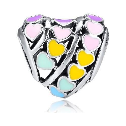 Genuine 925 Sterling Silver Multi-Color Hearts Beads Charms Fits Pandora Charm Bracelets DIY Jewelry Making Wholesale