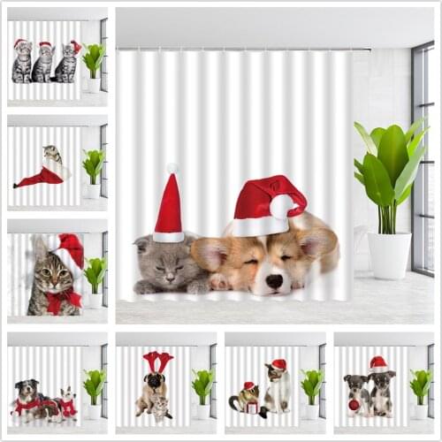 Christmas Shower Curtains Xmas Cute Pet Animal Dog and Cat Red Christmas Hat Child Festival New Year Bathroom Cloth Curtain Set