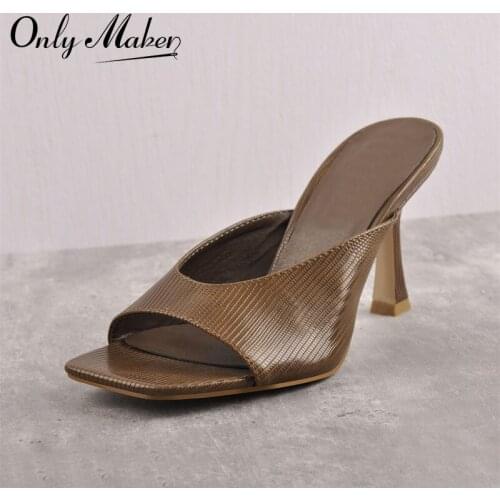 Onlymaker Summer Women Sandals Matte Brown Stripe Crocodile Print Thin High Kitten Heels Square Toe Slip-On Slippers Casual