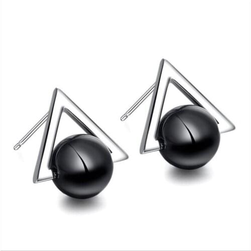 TJP New Fashion 925 Silver Women Stud Earrings Jewelry Charm Black Ball Triangle Girl Silver Earrings Lady Party Accessories Hot
