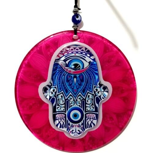 Blue Evil Eye Bead, Fuchsia Color, Embossed Abundance Hand Glass Wall Decoration