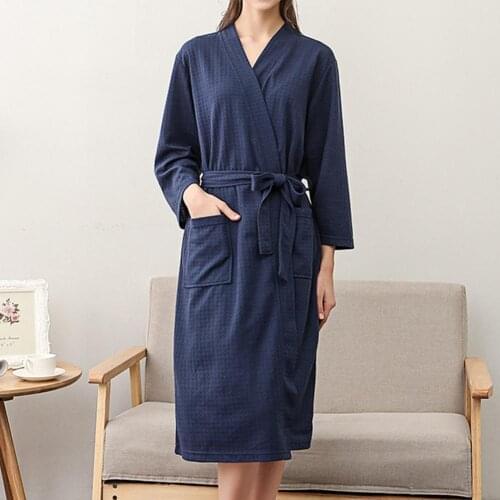 Grid Texture Comfy Long Sleeve Lady Pajamas Robes Loose Lady Night Clothes Belt for Sleeping