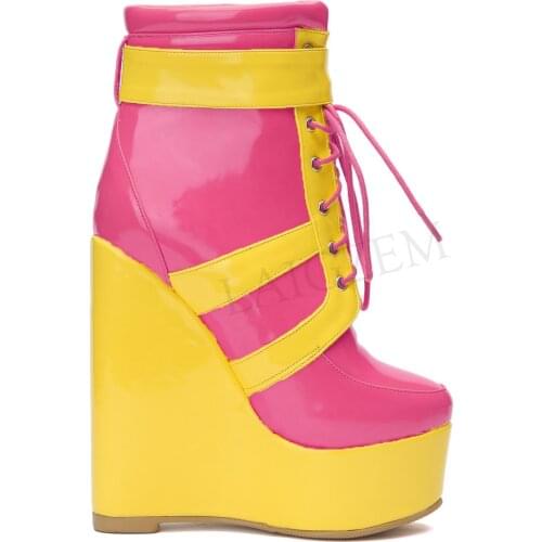 BERZIMER Candy Platform Wedges Women Ankle Boots Patchwork Booties Height Increasing Botas Mujer Shoes Woman Size 48 49 50 52