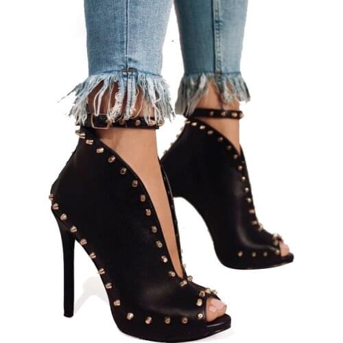 NEW Autumn Women Shoes 2021 Peep Toe Pumps High Heels Womens Shoes Ankle Boots Rivets Buckle Motorcycle Womens Pumps Black