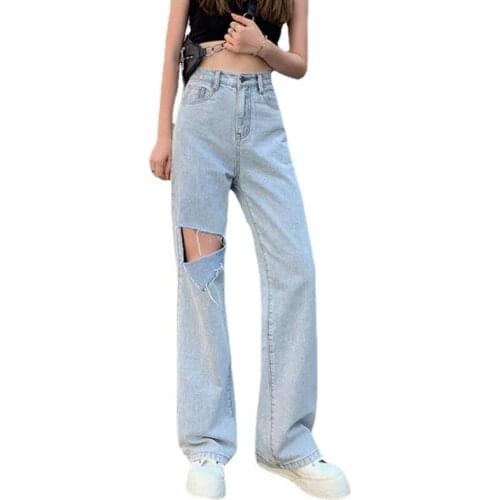 Womens Fashion Harajuku Loose Hole Jeans High Waist Slim Straight Wide Leg Floor Length Jeans Woman Casual Ripped Denim Pants