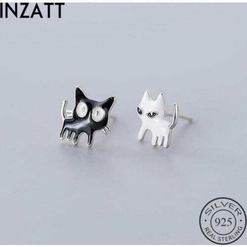INZATT Real 925 Sterling Silver Enamel Cat Stud Earrings For Fashion Woman Cute Fine Jewelry MInimalist Accessories Gift