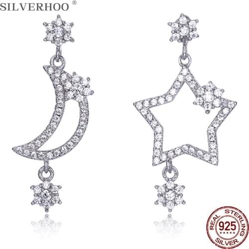 SILVERHOO 925 Sterling Silver Drop Earrings For Women The Stars And Moon Design Inlaid Zircon Earring Party Fine Jewelry New
