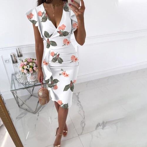 Women Floral Print Midi Dress Fashion Plus Size Ruffles Sleeve V-neck Slim Vintage Dresses Elegant Bodycon Party Dress Vestidos
