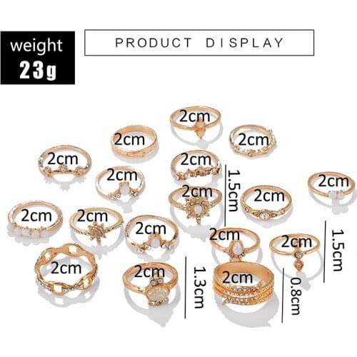 17 Pieces/set of Bohemian Style Diamond Set Ring Retro Punk Geometric Metal Jewelry Womens Golden Round Finger Ring Bague Homme