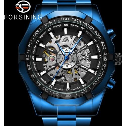 FORSINING Automatic Mechanical Wristwatch Military Male Clock Top Brand Luxury Blue Stainless Steel Skeleton Man Watch Gift 8042