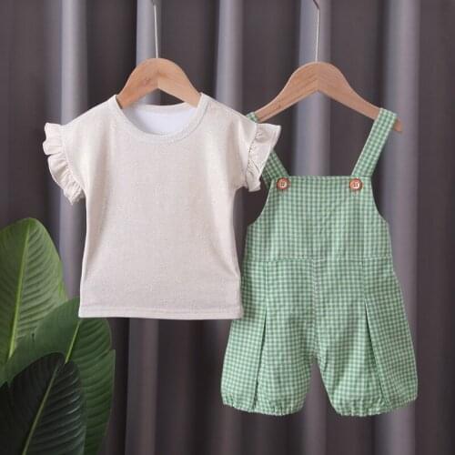 Kids Baby Girls Summer Fly Sleeve Tops Solid Cotton T-shirts overalls Toddler Children Casual Clothes Sets 2pcs Childrens Wear