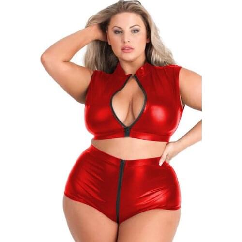 Two Piece Metallic PU Set Zip Top Shorts Tracksuit Sexy Matching Set Sexy Crop Top With Hot Shorts High Waist Shorts Suits S-7XL