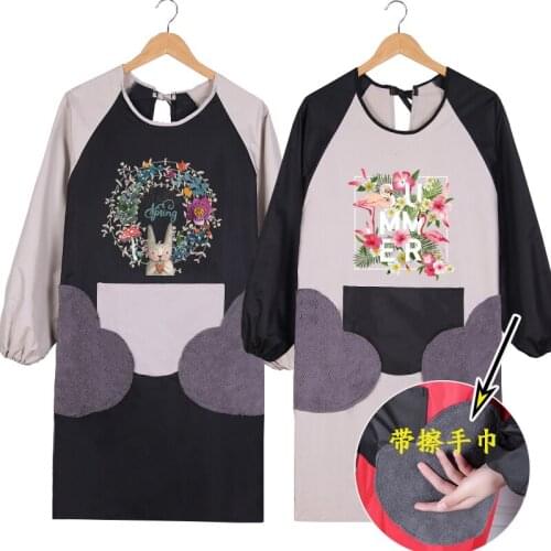 Wipeable hand kitchen apron long sleeve waterproof and oil proof Korean fashion cute home cooking gown adult female printing