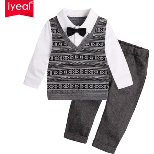 IYEAL Autumn Fashion Infant Clothing Baby Suit Children Boys Clothes Gentleman Bow Tie Fake Two Pieces Jacket + Pants Kids Set