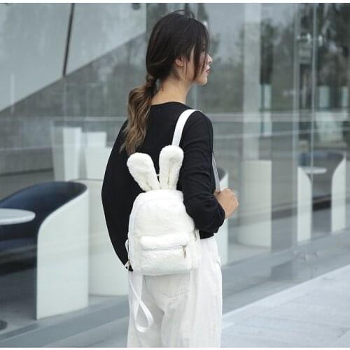 Furry Mini Backpacks Korean Kids Kawaii Fluffy Bag Rabbit Ears Solid Plush Backpack For Women 2021 New Faux Fur Shoulders Bag