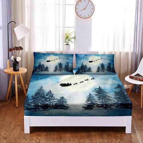 Christmas Tree 3pc Polyester Solid Fitted Sheet Mattress Cover Four Corners With Elastic Band Bed Sheet(2 pillowcases)