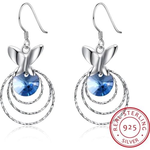 Fine Jewelry Made with Lekani Crystal Butterfly Earrings Real S925 Sterling Silver Three-loop Earrings for Women Gift