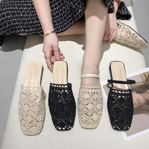 Slippers female summer wear 2021 new lace Baotou lazy half slippers hollow breathable womens shoes trend