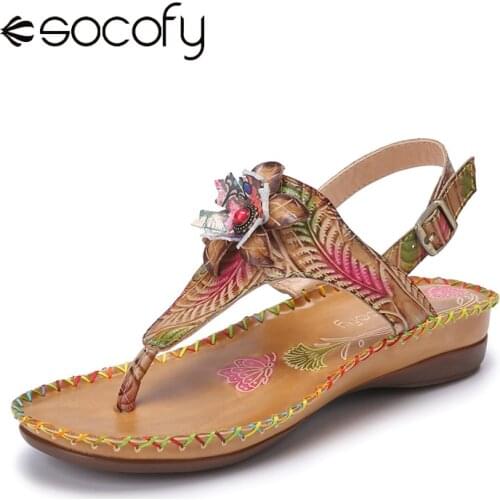 Socofy Bohemian Ethnic Print Flower Genuine Leather Buckle Clip Toe Flat Beach Sandals Women Fashion Shoes