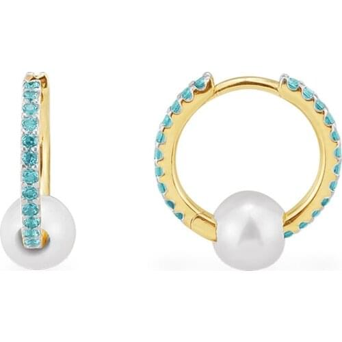 SOELLE Fashion Real 925 Sterling Silver Lagoon Blue Hoop Earrings with Pearls Cubic Zirconia Stones Women Luxury Brand Jewelry