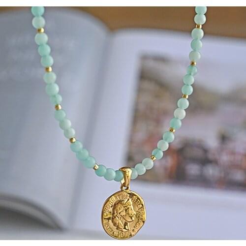 Vintage Coin Pendant Necklace Natural Amazonite Stone Stainless Steel Beaded Necklace Jewelry for Women 2021 Danity Accessories