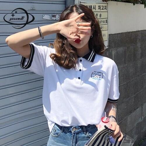 Yauamdb Women Polo Shirts Summer S-2XL Female Tops Letter Tees Striped Short Sleeve Loose Fashion Ladies Clothes K20