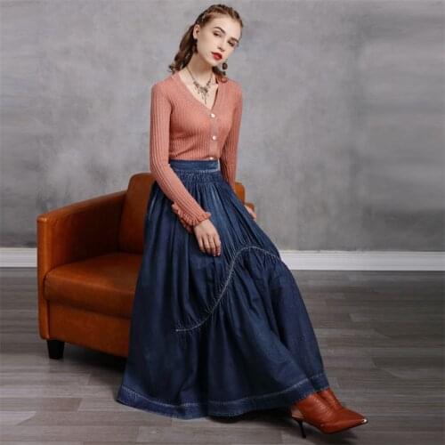 Autumn Cotton Womens Denim A line Skirt 2020 Vintage New Women Patchwork A-Line Draped Skirts Long Ruffles Saias Saia Feminina