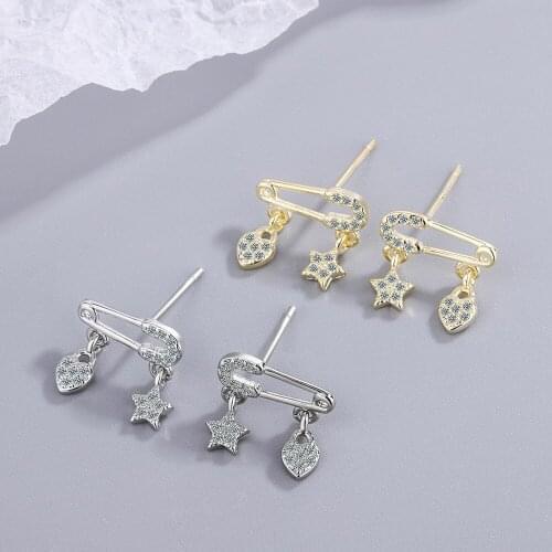 YH-ZL 925 Silver Color Pin Shaped Star Heart Stud Earrings for Women Party Korean Jewelry