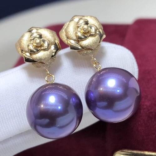 Fine Jewelry Pure 18 K Yellow Gold 9-10mm Natural Purple Round Pearls Earrings for Women Fine Pearl Earrings