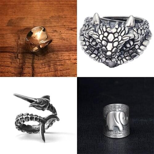 S925 silver retro Thai handmade original elephant shape without mosaic opening adjustable womens ring