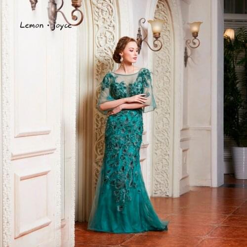 Lemon joyce Green Evening Dresses with Half Sleeves Scoop Neck Appliques Feathers Sexy Illusion Prom Party Gowns Plus Size