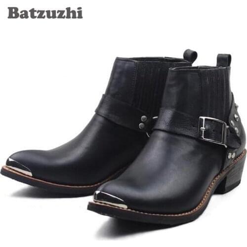 100% Cow Genuine Leather Boots Ankle Punk Military Combat Mens Dress Boots Western Cowboy Motorcycle Boots Metal Cap Buckle