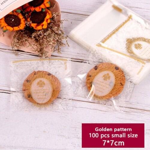 100pcs Cookies Self Adhesive Packaging Bag Transparent Golden Pattern Soap Biscuits Color Wedding Birthday Party Gift Bag 7X7