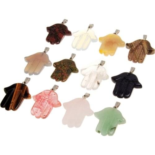 12pcs Hamsa Hand of Fatima Good Luck Protection Pendants Positive Energy Cosmic Amulet Lucky Charm Onyx Agates Beach Stone Free