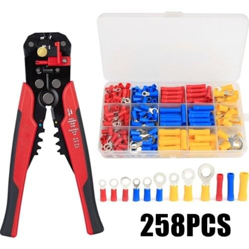258PCS Ring Butt Wire Crimp Terminals Insulated Electrical Wire Cable Crimping Connector AWG22-10 With Crimp Plier Tool Kits