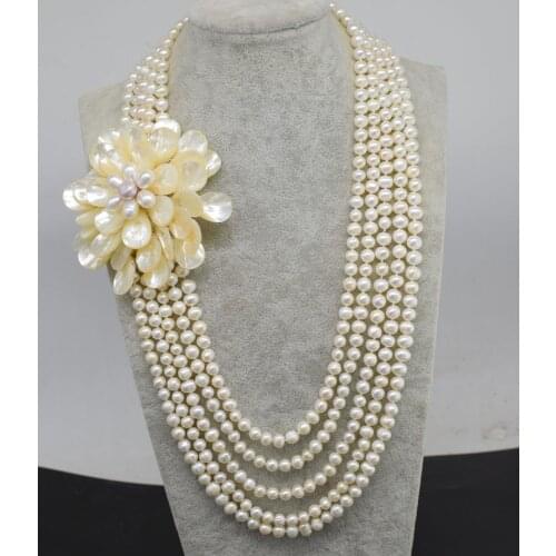 5rows freshwater pearl white near round 7-8mm +sea shell flower necklace 48-58cm FPPJ wholesale beads nature