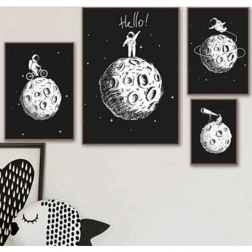 Astronaut Moon Wall Art Canvas Painting Black White Nordic Posters And Prints Cartoon Wall Pictures For Kids Room Unframed