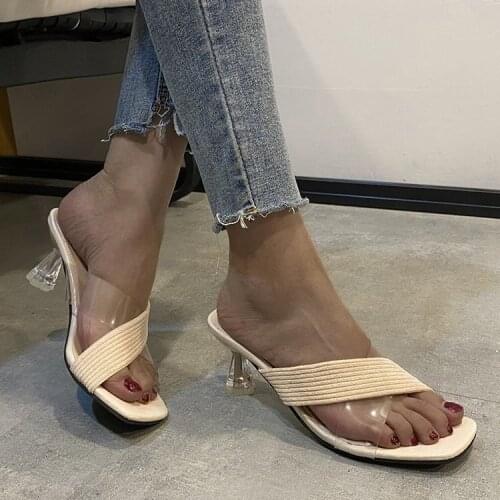 Free Shipping-high-heeled Slippers Women 2021 Summer European and American Transparent Flip-flop Cone-shaped High-heeled Shoes