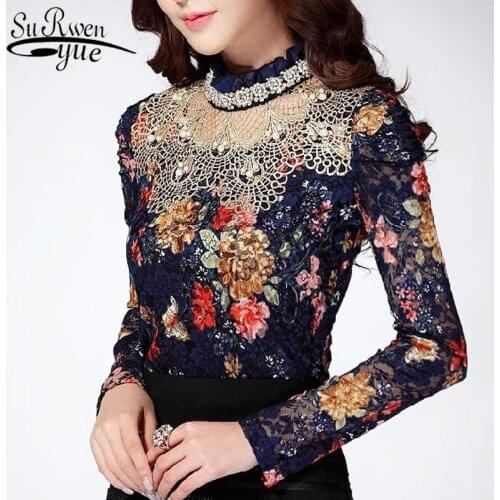 Blusas 2021 Casual Women Tops and Blouses Fashion Diamond Chic Floral Lace Shirt Female Beaded Tops Elegant Women Clothes 3115