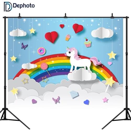 DePhoto photography backdrops Rainbow clouds Unicorn Baby birthday party photo backdrop baby shower portrait background