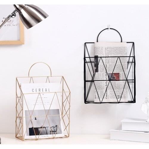 European Modern Simple Triangle Design Black White Gold Stand Wall Hanging Iron Wire Newspaper and Magazines Storage Holder