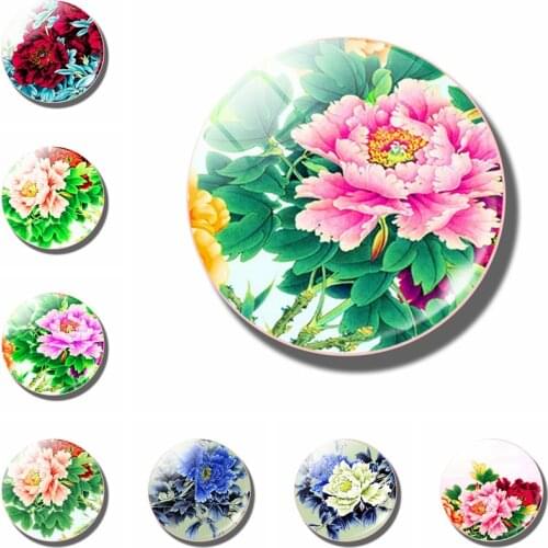 Chinese Peony Refrigerator Sticker Glass Dome 30MM Red Peony Flower Refrigerator Sticker Flower Lovers Kitchen Home Decoration