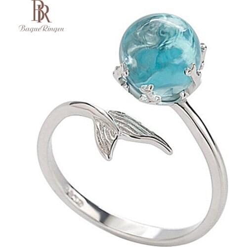 Bague Ringen 925 Silver Ring Blue Crystal Mermaid Bubble Open Rings For Women Wedding Birthday Gift Fashion High Qualtiy Jewelry